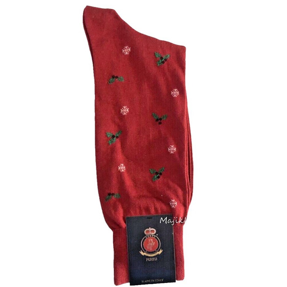 Punto Italian Christmas Red Mens Dress Socks Egyptian Cotton Holly Snowflake